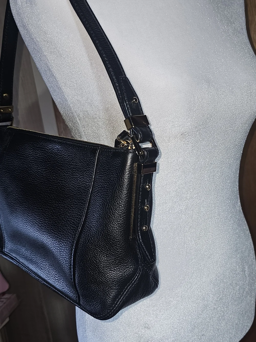 Authentic Michael Kors Black Pebbled Leather Shoulder Bag with Gold Hardware